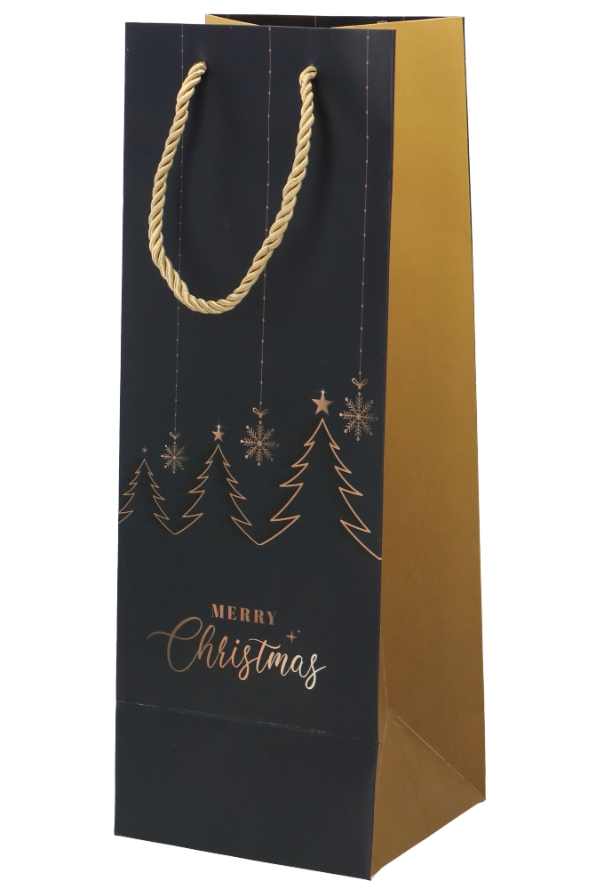 Kerst Wijntasjes 1 Fles Merry Christmas Black Gold 12.5x9x36.5cm 10st