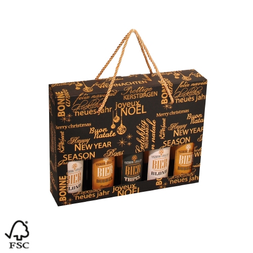 Bierverpakking Bonne Année Zwart 5 Flesjes & Koord FSC® 50stuks