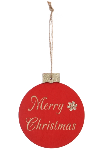 Decoratie Hanger Houten Kerstbal Merry Christmas Red 9cm 1 stuks