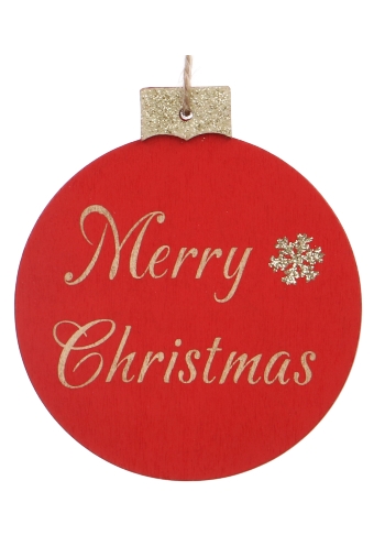 Decoratie Hanger Houten Kerstbal Merry Christmas Red 9cm 1 stuks