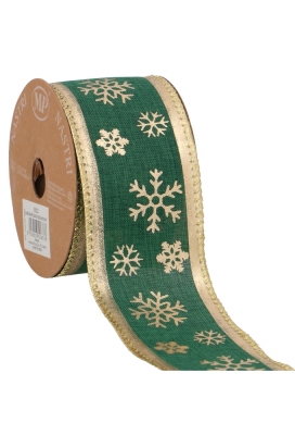 Luxe Kerstlint Snowflakes Green Gold Met IJzerdraad 63mm x 10meter