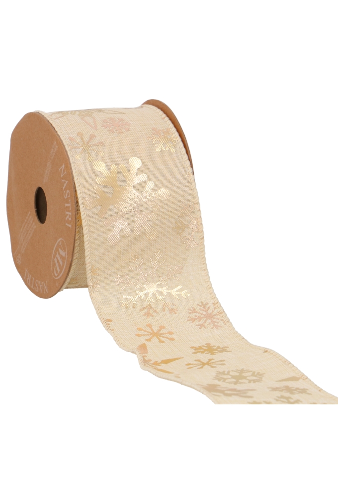 Luxe Kerstlint Snowflakes Beige Gold Met IJzerdraad 63mm x 10meter