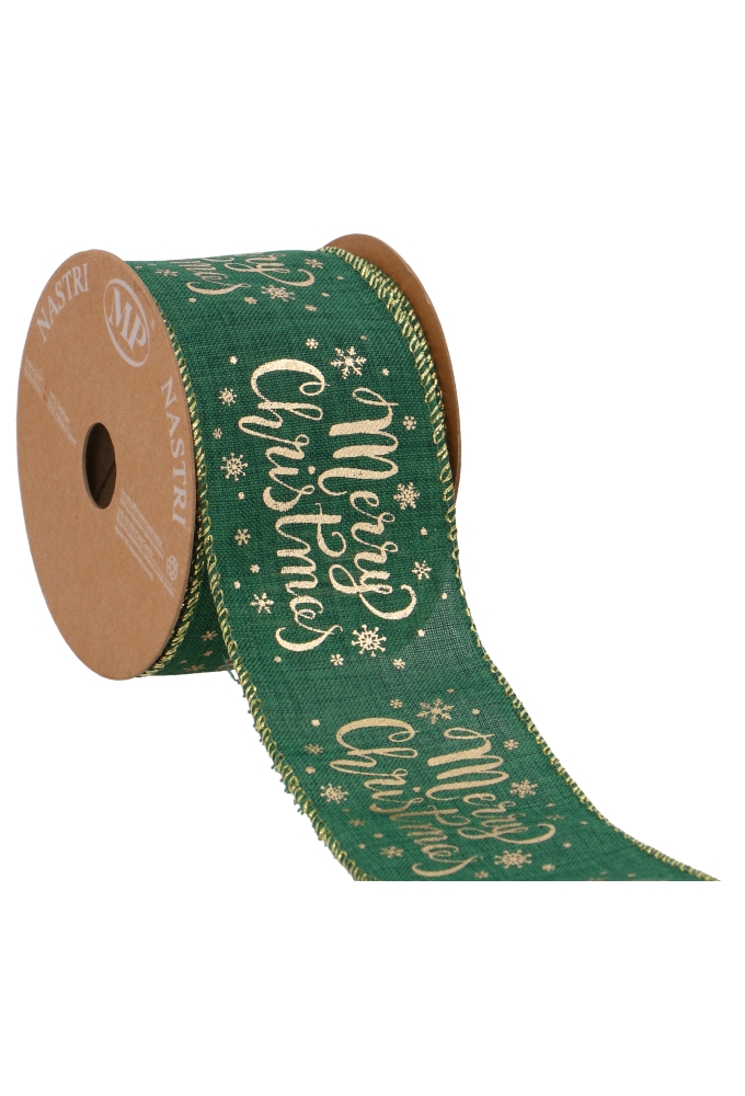 Luxe Kerstlint Merry Christmas Green Gold en IJzerdraad 63mm x 10meter