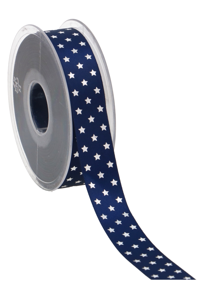 Kerstlint Satijn Lint Twinkling Stars Blauw & Zilver 23mm x 25meter