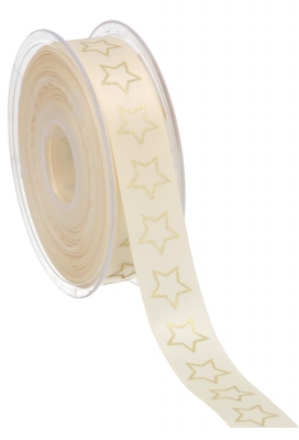 Kerstlint Satijn Lint Christmas Stars Creme & Goud 23mm x 25meter