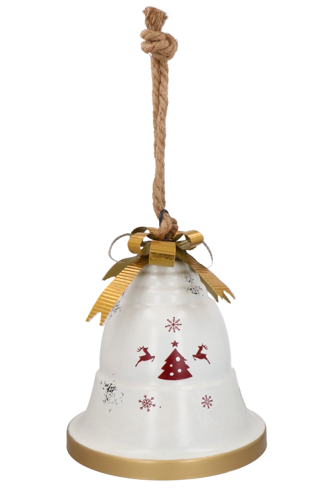 Decoratie Grote IJzeren Christmas Bel White Klepel Strik 33x39cm 1st