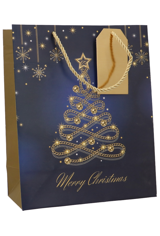 Luxe Kersttasjes Groot Blue Tree Gold 26.5x13.5x32.5cm 10stuks