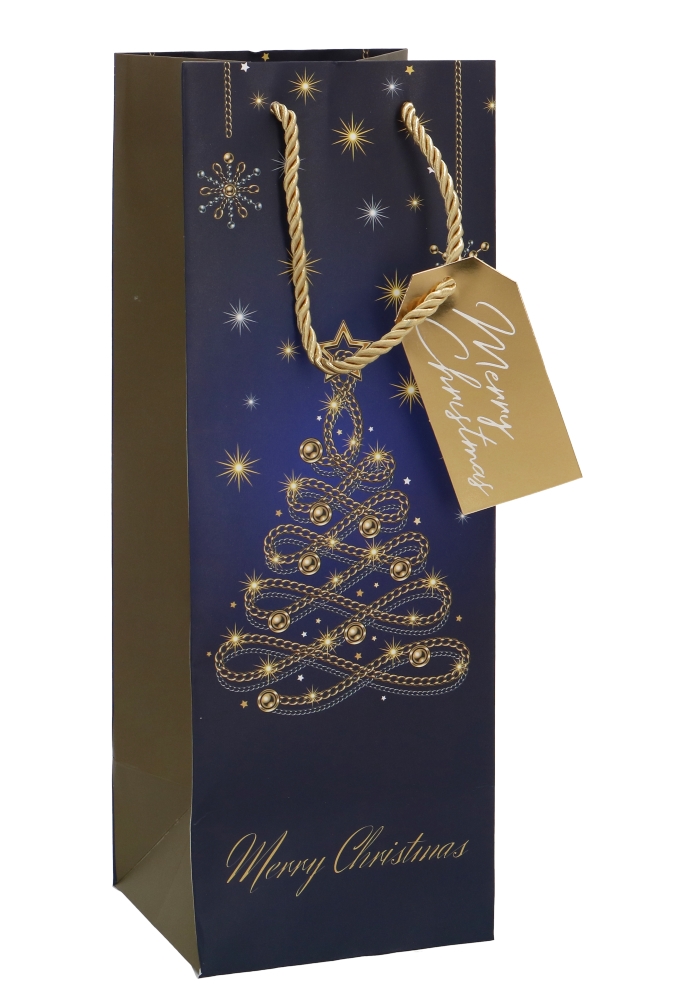 Kerst Wijntasjes 1 Fles Blue Tree Gold 12.5x12x36.5cm 10stuks