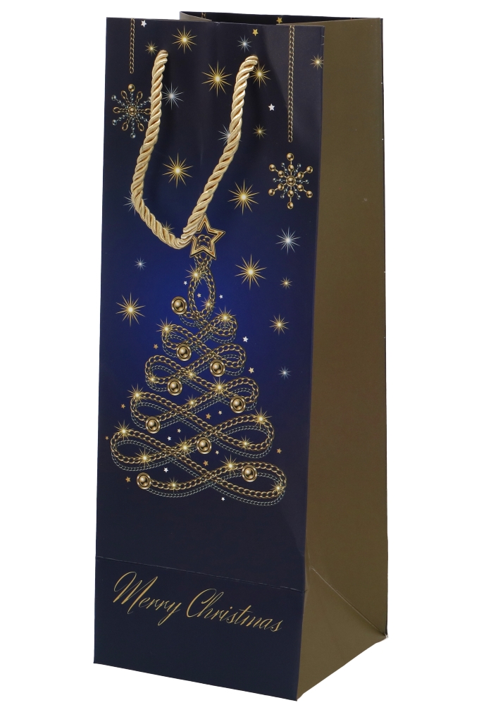 Kerst Wijntasjes 1 Fles Blue Tree Gold 12.5x12x36.5cm 10stuks