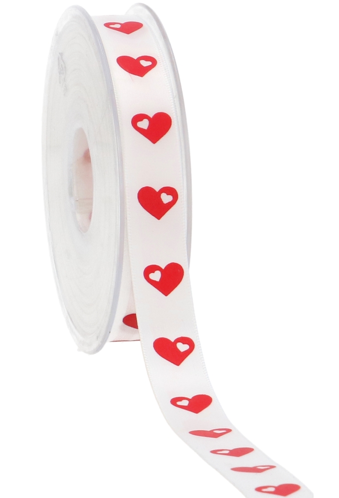 Luxe Satijn Lint White and Red Hearts 15mm x25meter