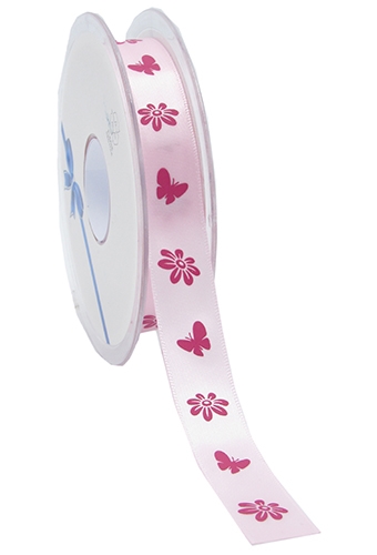 Kadolint Satijn Roze Bloemetjes en Vlinder Fuchsia 15mm x 25meter