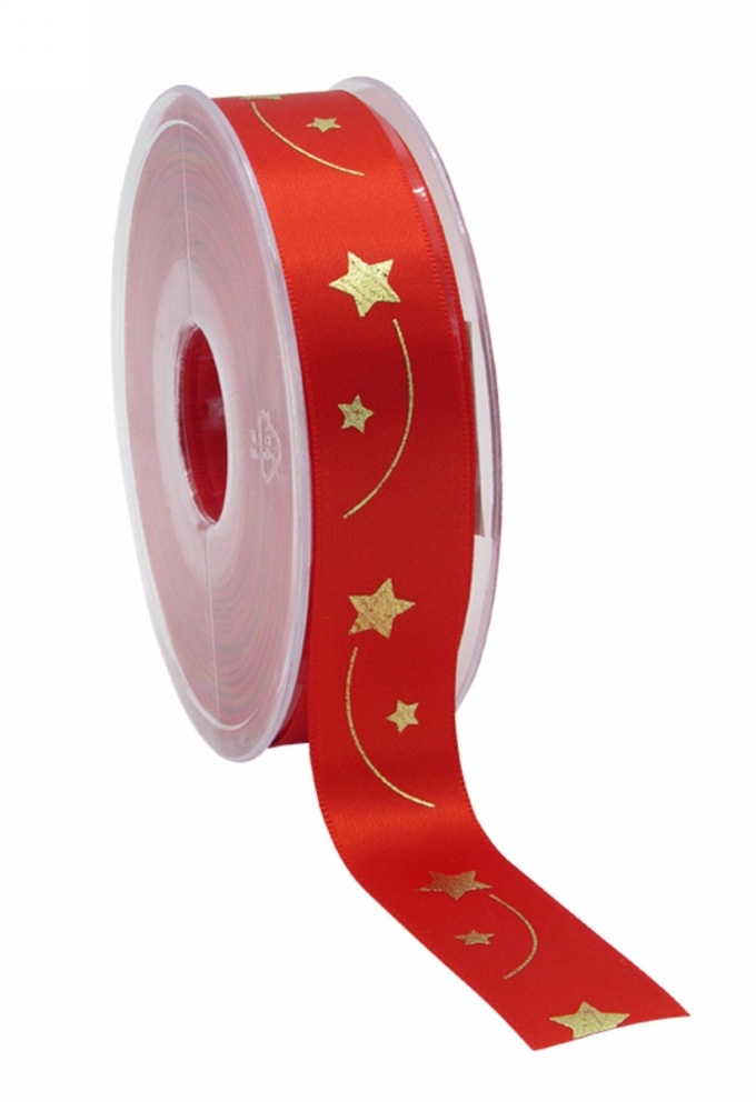 Kerstlint Satijn Lint Christmas Stars Rain Rood Goud 23mm x 25meter
