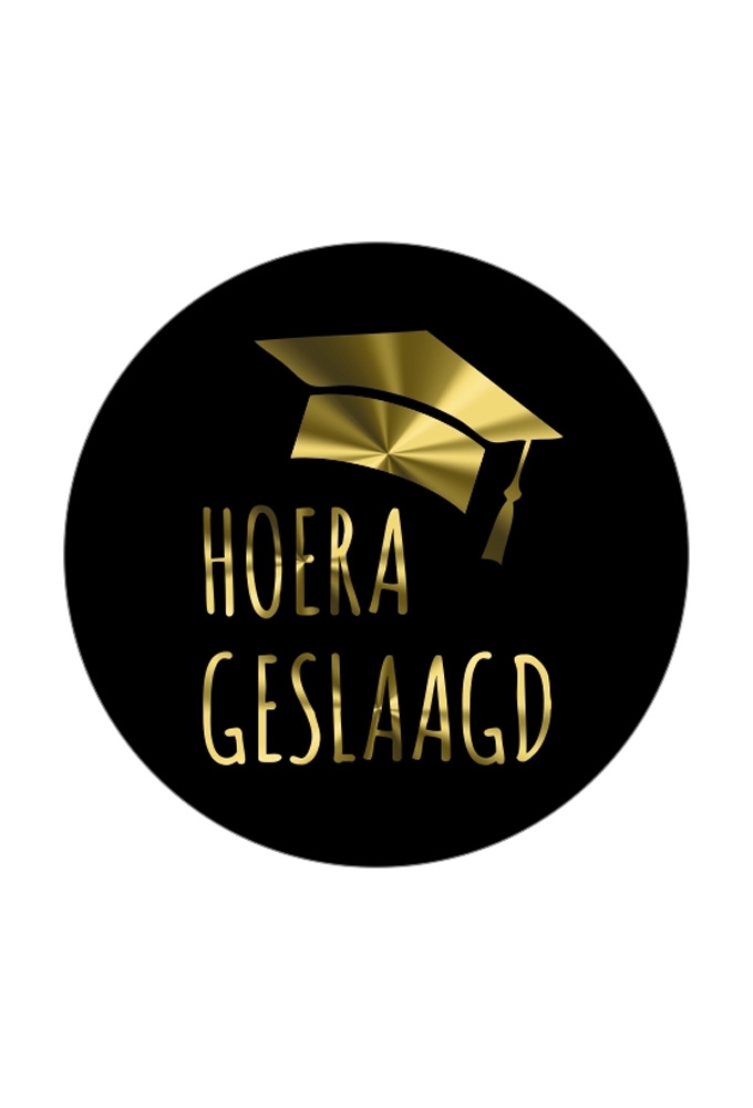 Etiketten Feest Hoera Geslaagd Afstudeerhoedje Zwart Goud 3.9cm 500st Etiketten Feest Hoera Geslaagd Afstudeerhoedje Zwart Goud 3.9cm 500st