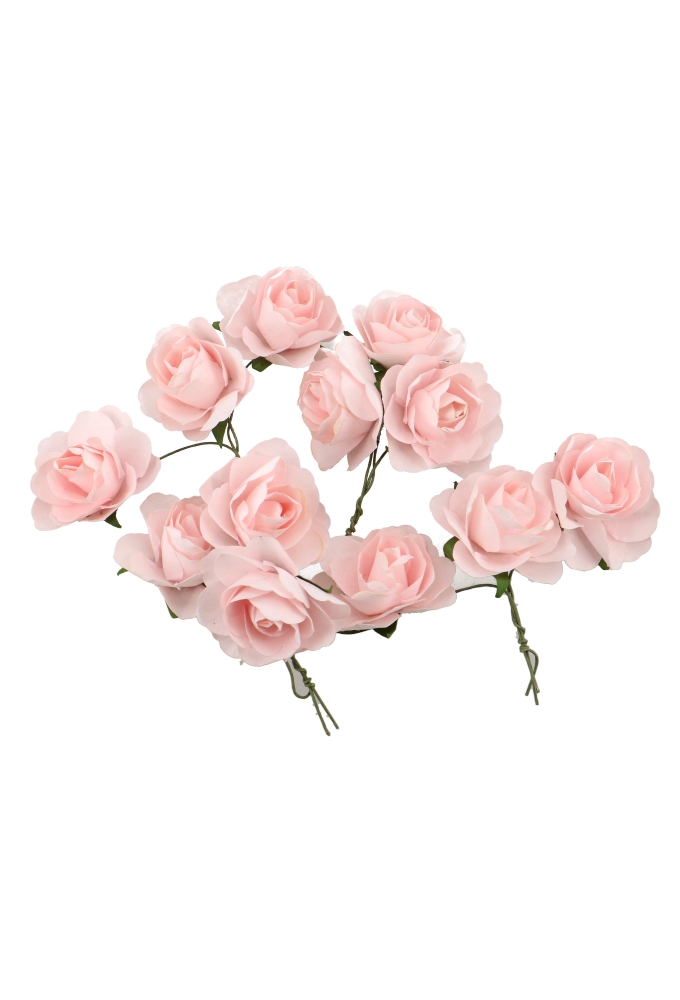 Kado Decoratie Bloem Roosje Roze Papier Met IJzerdraad 3.5cm 12stuks