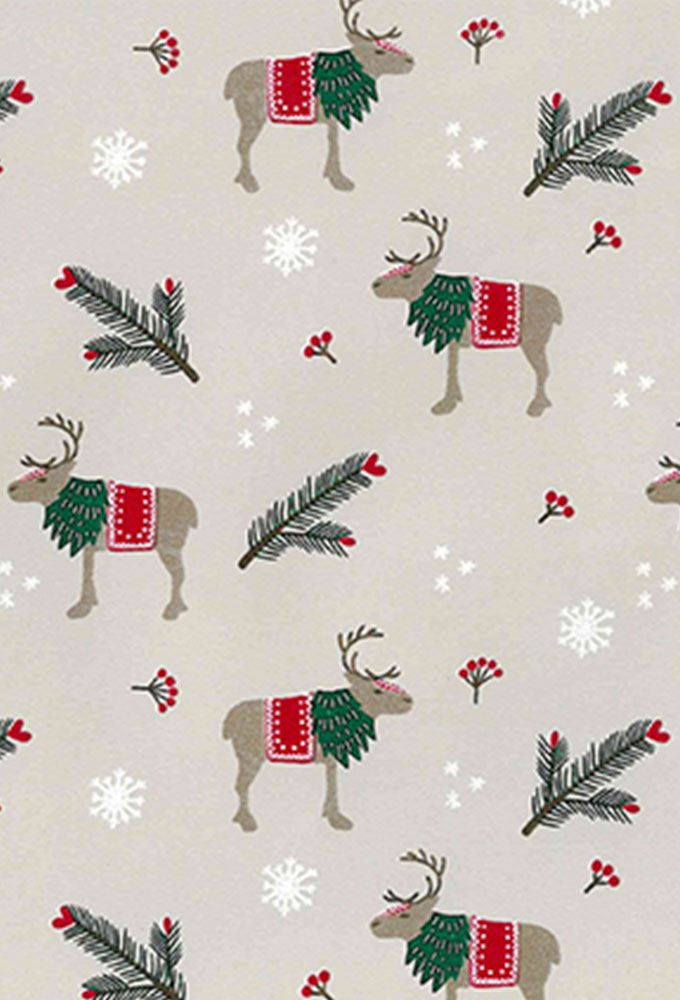 Kerstpapier Coated Rendier & Dennentak in Rood Groen 70cm x 200meter