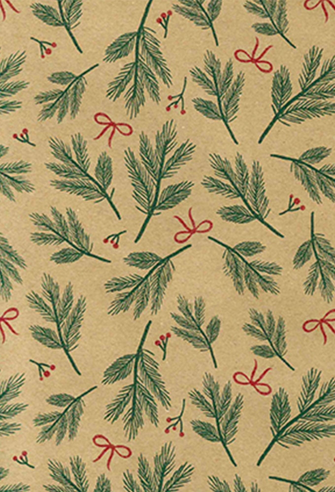 Kerstpapier Bruin Kraft Kerstblad Groen 70cm x 200meter