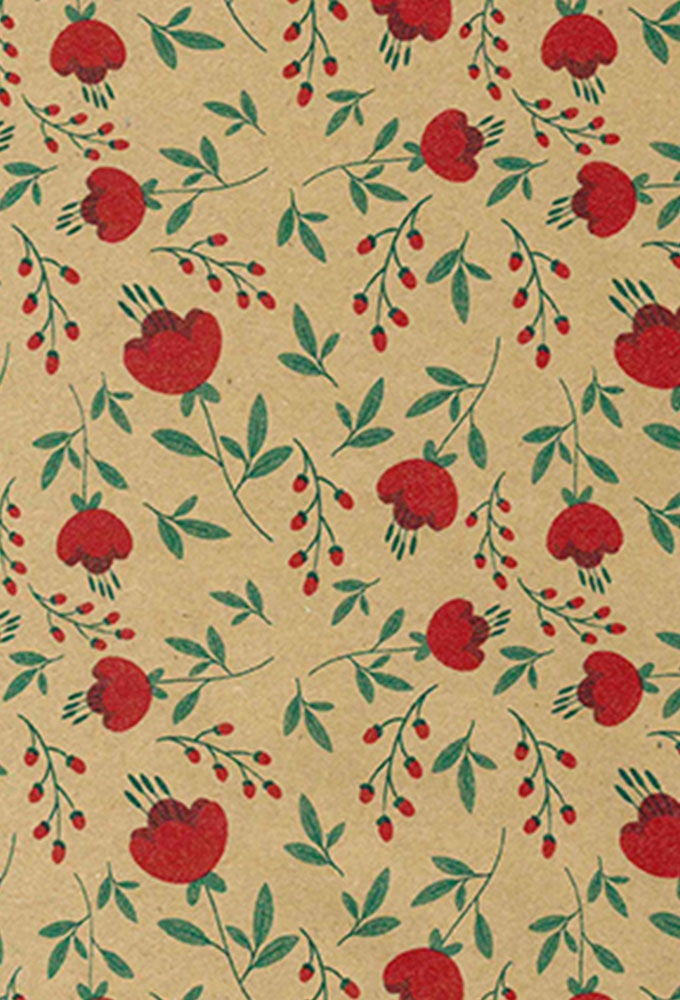 Cadeaupapier Bruin Kraft Flowers Rood 50cm x 200meter
