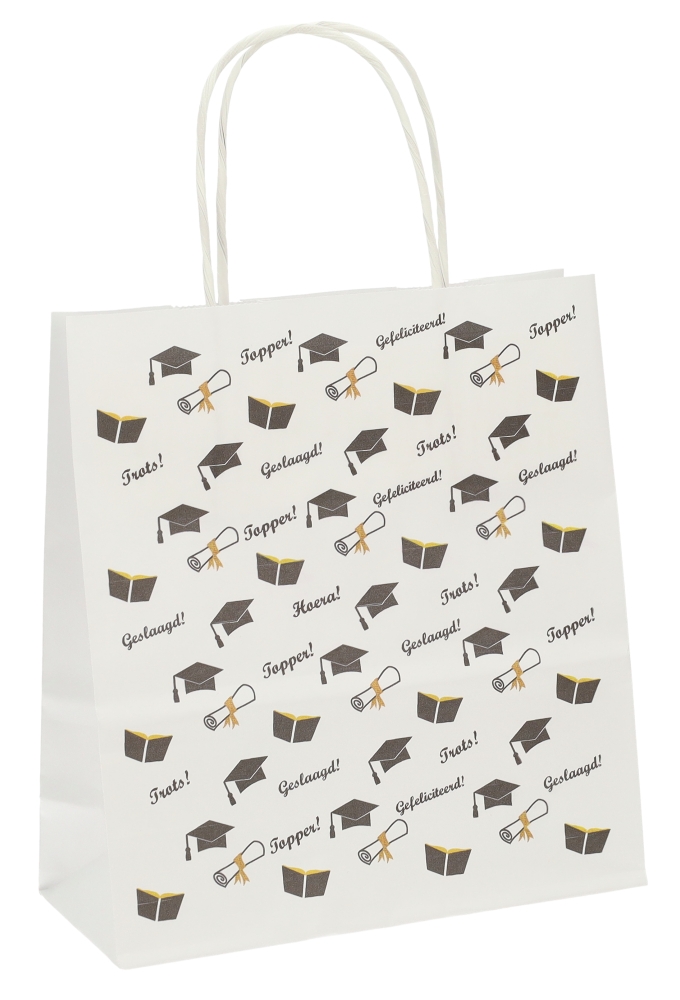 Papieren Draagtas Wit Geslaagd A5 19x8x21cm 50stuks Papieren Draagtas Wit Geslaagd A5 19x8x21cm 50stuks