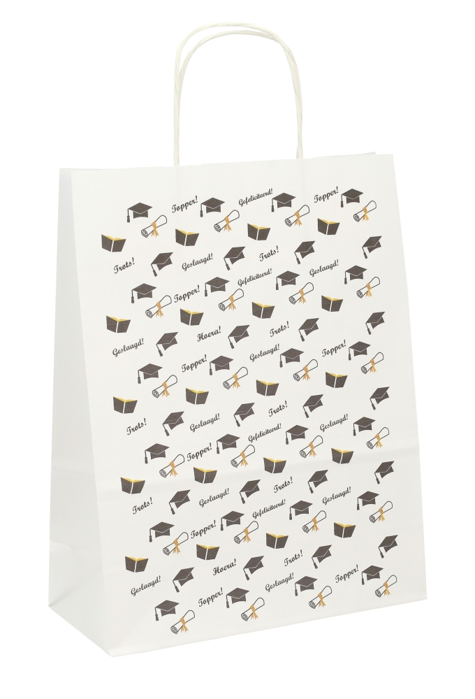 Papieren Draagtas Wit Geslaagd A4 24x11x31cm 50stuks Papieren Draagtas Wit Geslaagd A4 24x11x31cm 50stuks