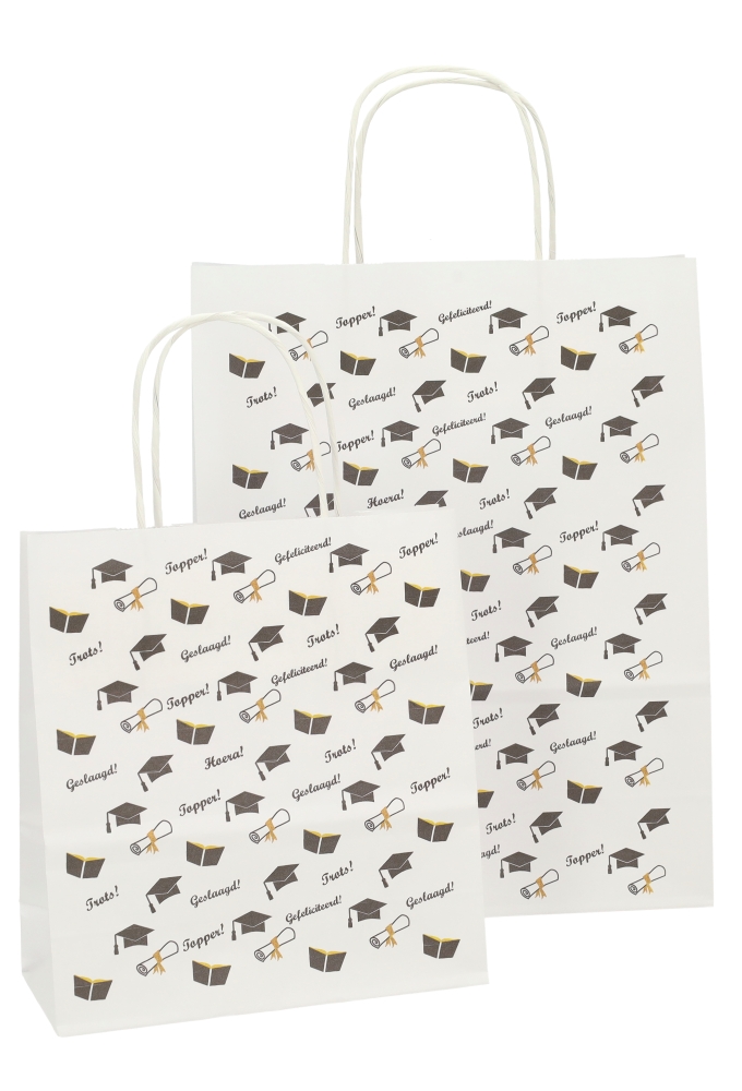 Papieren Draagtas Wit Geslaagd A4 24x11x31cm 50stuks Papieren Draagtas Wit Geslaagd A4 24x11x31cm 50stuks