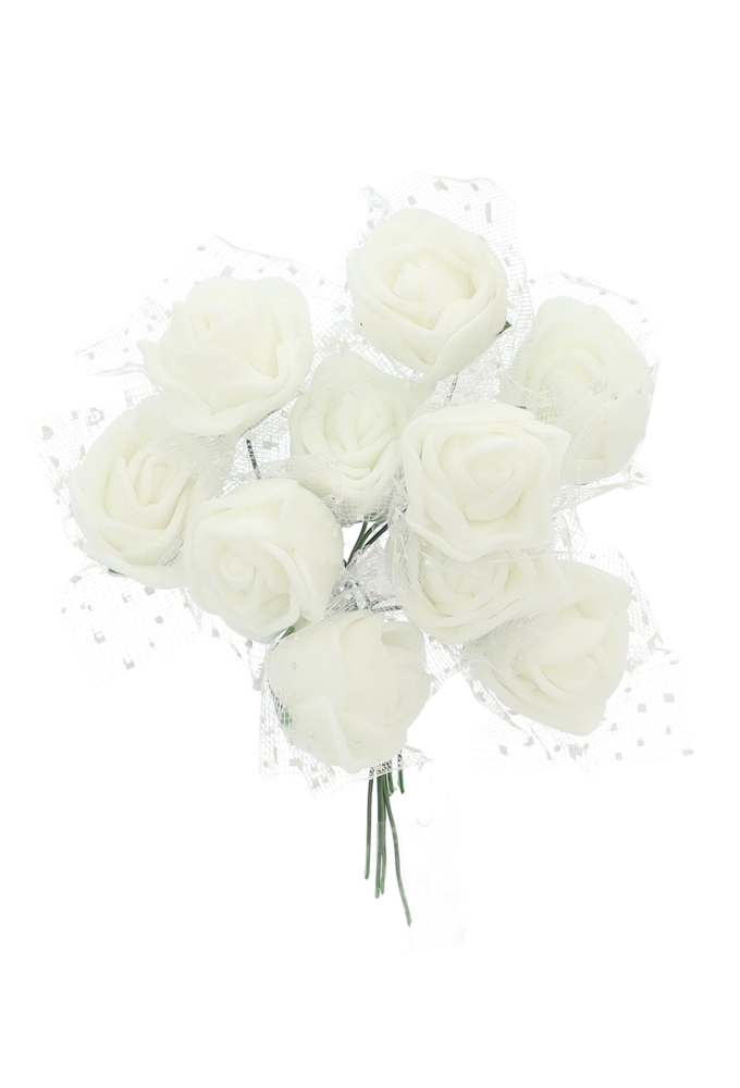 Kado Decoratie Bloem mini Roosjes Wit & Tule Met IJzerdraad 2cm 24st