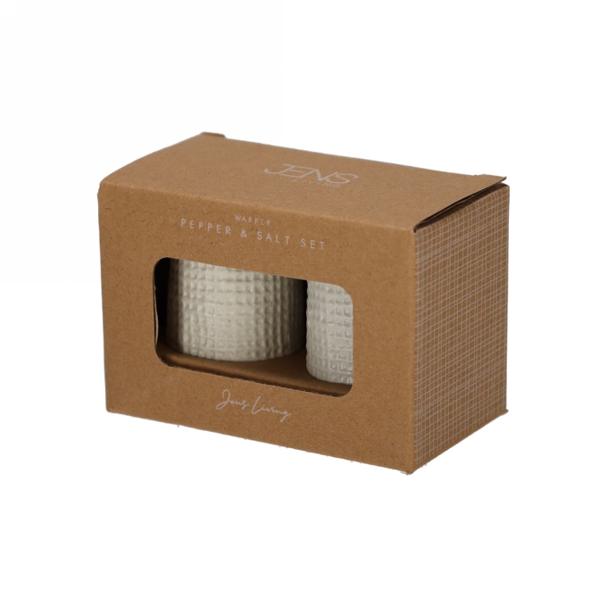 Jens Living Wafel Peper & Zout Set Steengrijs 9.5x5x7.5cm 1stuks Jens Living Wafel Peper & Zout Set Steengrijs 9.5x5x7.5cm 1stuks