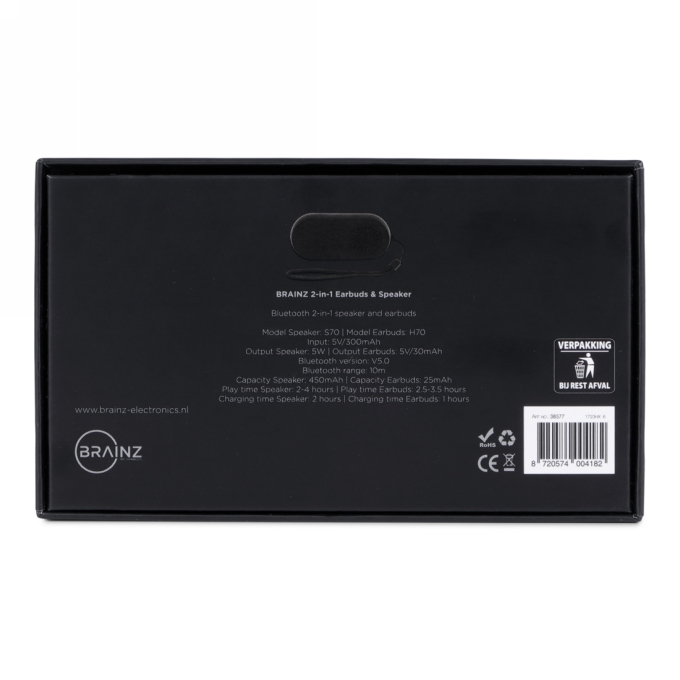 Brainz 2 in 1 Earbuds & Speaker Zwart 11x5x2.5cm 1stuks Brainz 2 in 1 Earbuds & Speaker Zwart 11x5x2.5cm 1stuks