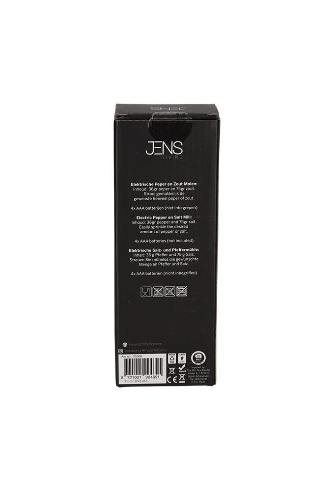 Jens Living Elektrische Peper & Zoutmolen 6.5x4.5x18.7cm 1stuks Jens Living Elektrische Peper & Zoutmolen 6.5x4.5x18.7cm 1stuks
