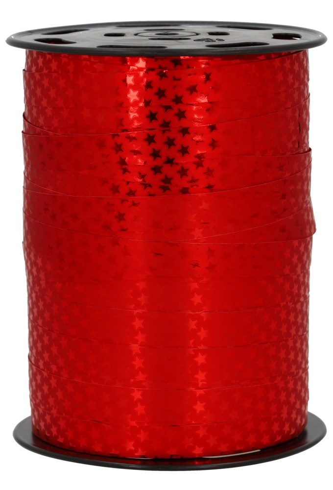Kerst Krullint Metallic Rood Sterren 10mm x 225meter