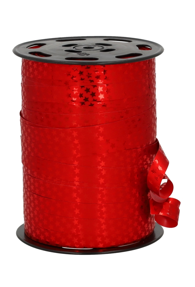 Kerst Krullint Metallic Rood Sterren 10mm x 225meter