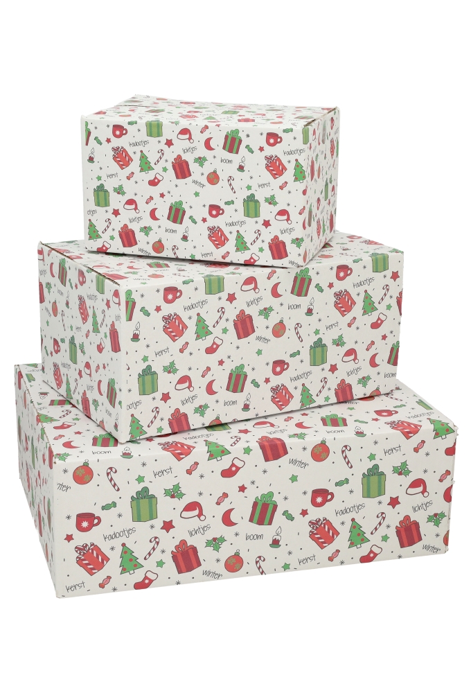 Geschenkdozen Kerstprint 21.5x15x12cm 30stuks Geschenkdozen Kerstprint 21.5x15x12cm 30stuks