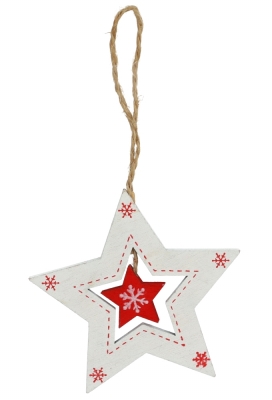 Decoratie Hanger Houten Witte Dubbele Ster & Koord 8cm 1stuks Decoratie Hanger Houten Witte Dubbele Ster & Koord 8cm 1stuks
