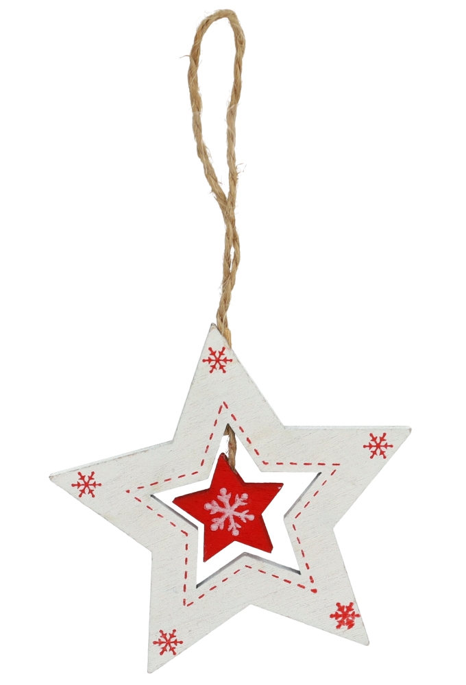 Decoratie Hanger Houten Witte Dubbele Ster & Koord 8cm 1stuks