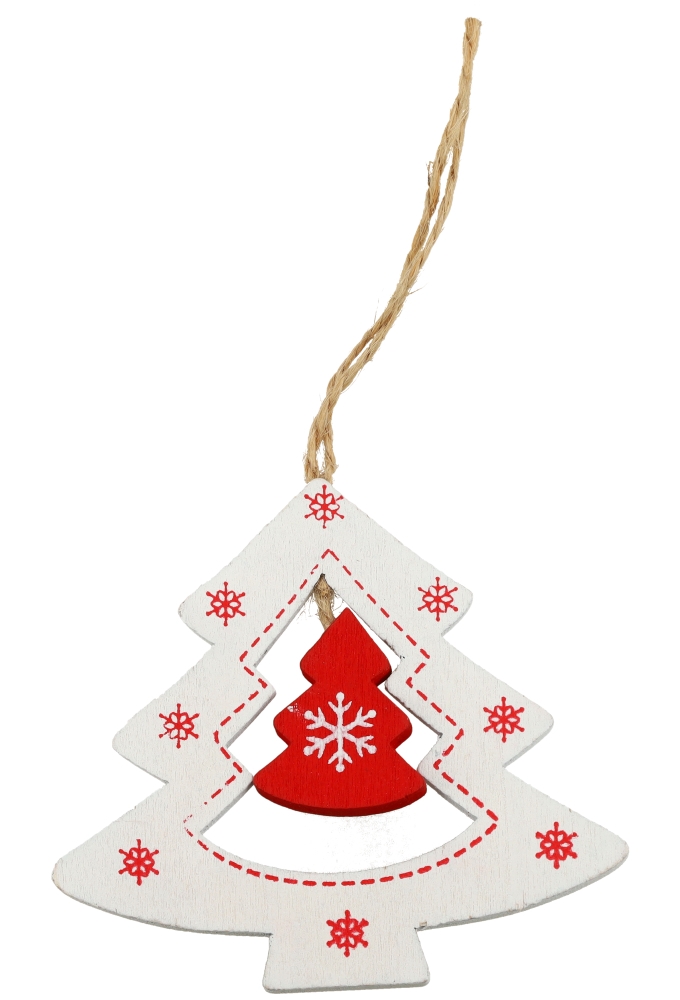 Decoratie Hanger Houten Wit Dubbele Boom & Koord 9x8cm 1stuks