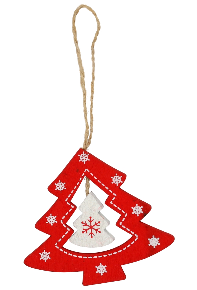 Decoratie Hanger Houten Rood Dubbele Boom & Koord 9x8cm 1stuks
