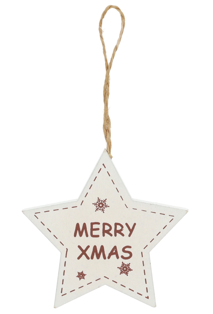 Decoratie Hanger Houten Merry Xmas Ster & Koord 8.5cm 1stuks OP IS OP 