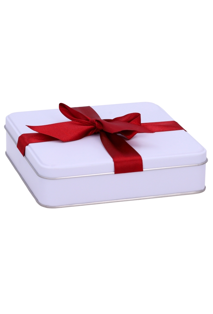 Blikken Wit Vierkant & Rood Lint 14.6x14.6x4cm 24stuks