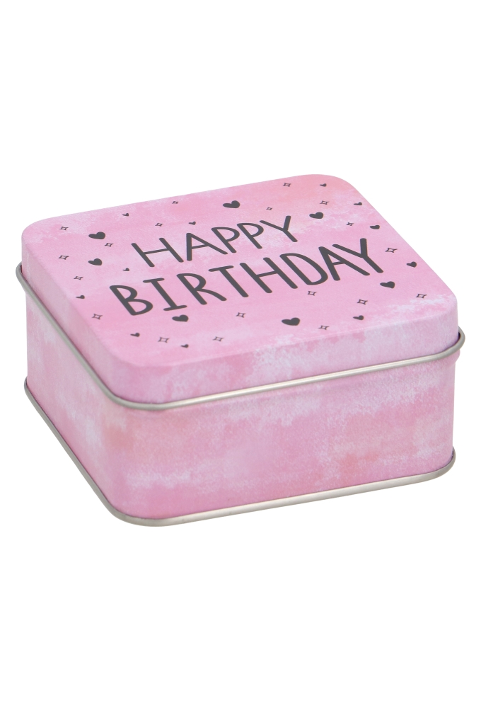 Blikken Roze Happy Birthday 8.7x8.7x4cm 24stuks
