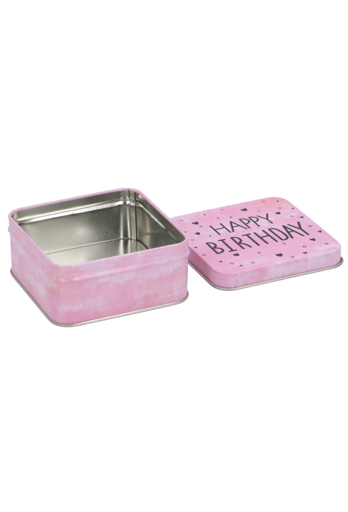 Blikken Roze Happy Birthday 8.7x8.7x4cm 24stuks