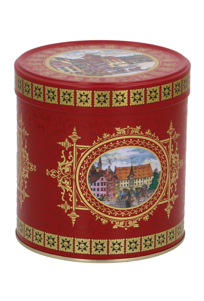 Blikken Rond Rood & Goud Met Stadsgezicht 11.7x12cm 12stuks