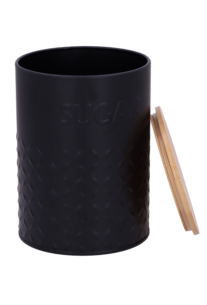 Blikken Zwart Rond Suikerpot Met Bamboe Deksel 11x15cm 12stuks