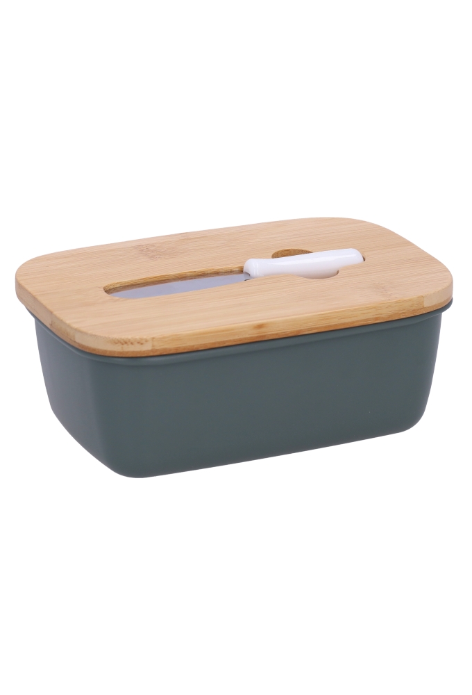Blikken Groen Botervloot Met Bamboe Deksel & Smeermes 15x10x5.5cm 12st