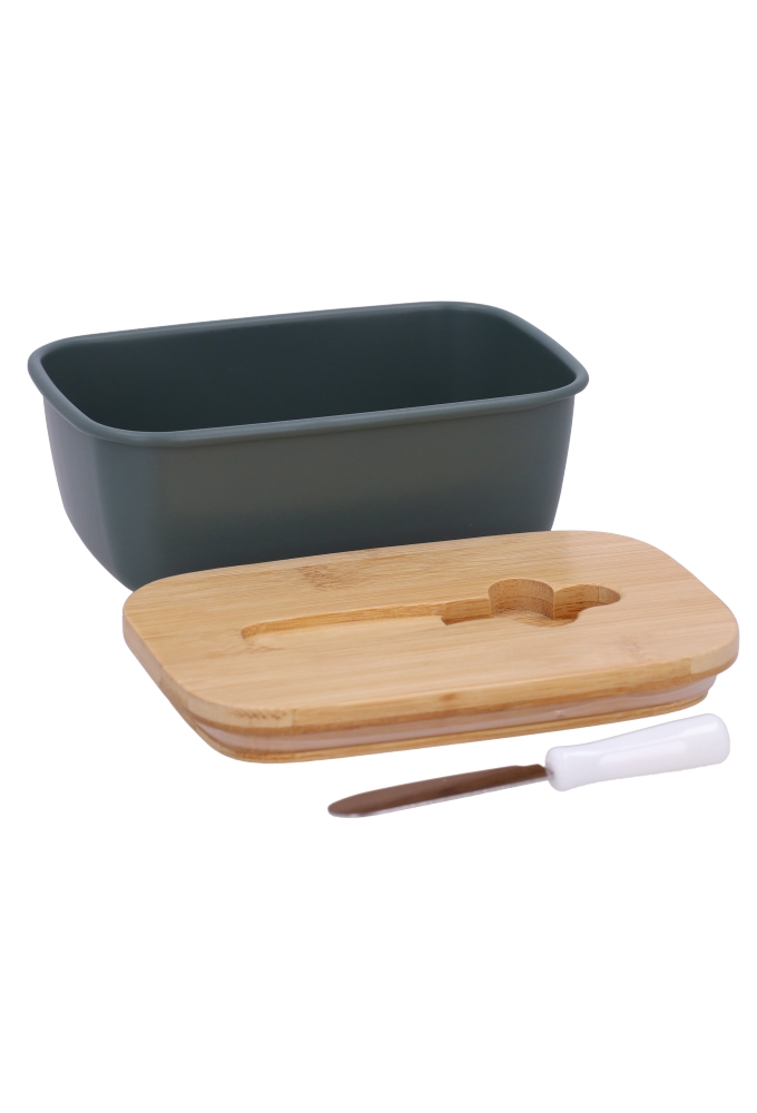 Blikken Groen Botervloot Met Bamboe Deksel & Smeermes 15x10x5.5cm 12st