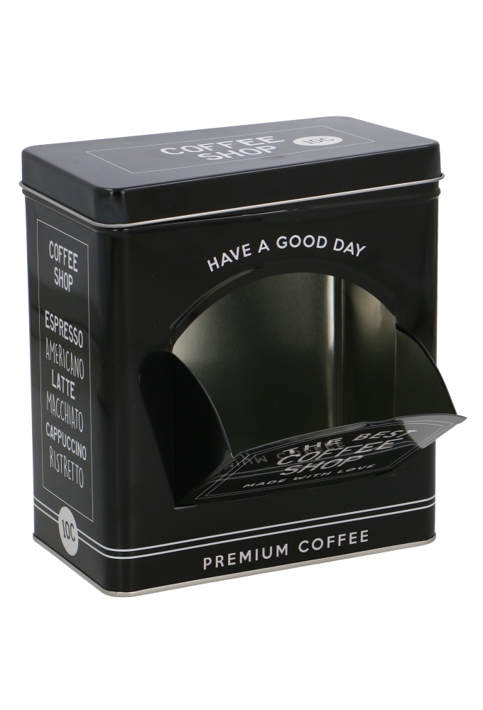 Blikken Zwart Rechthoekig Koffie Met Klep 16.1x9.6x17.5cm 12stuks