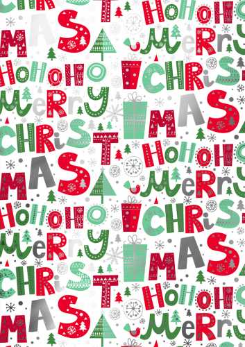 Kerstpapier Metallized Merry Xmas Wit Rood Groen 70cm x 100meter