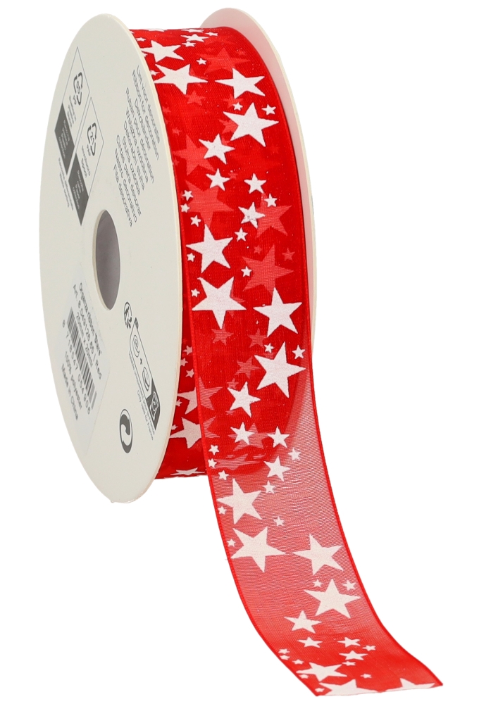 Organza Lint Rood Met Witte Sterren 25 mm x 20meter