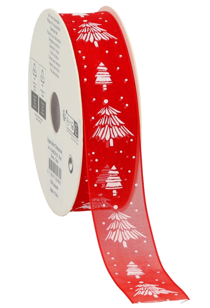 Organza Lint Rood Met Witte Kerstboom 25 mm x 20meter