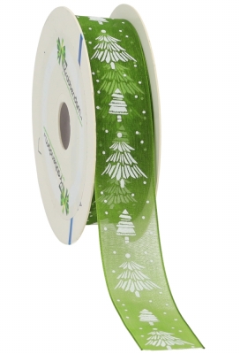 Organza Lint Groen Met Witte Kerstboom 25 mm x 20meter Organza Lint Groen Met Witte Kerstboom 25 mm x 20meter