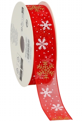 Luxe Organza Lint Sneeuw Vlok Rood Met Witte & Goud 25 mm x 20meter