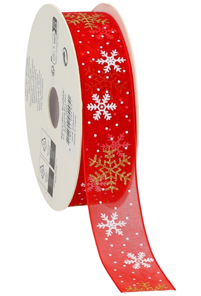 Luxe Organza Lint Sneeuw Vlok Rood Met Wit & Goud 25 mm x 20meter